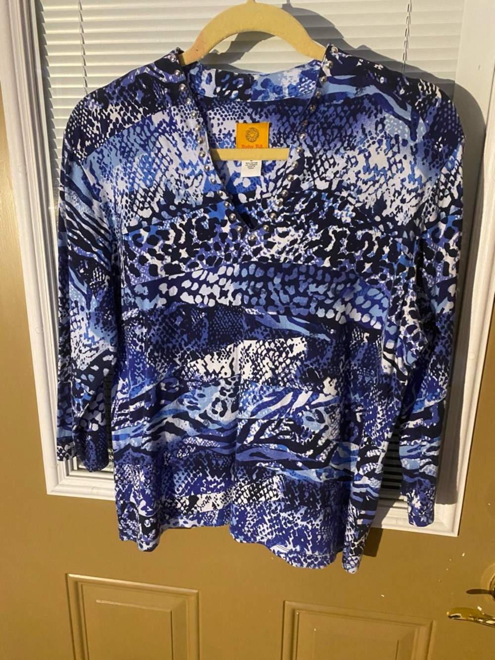 Ruby Rd. Blue Multi-Print 3/4 Length Sleeve V-Neck Top